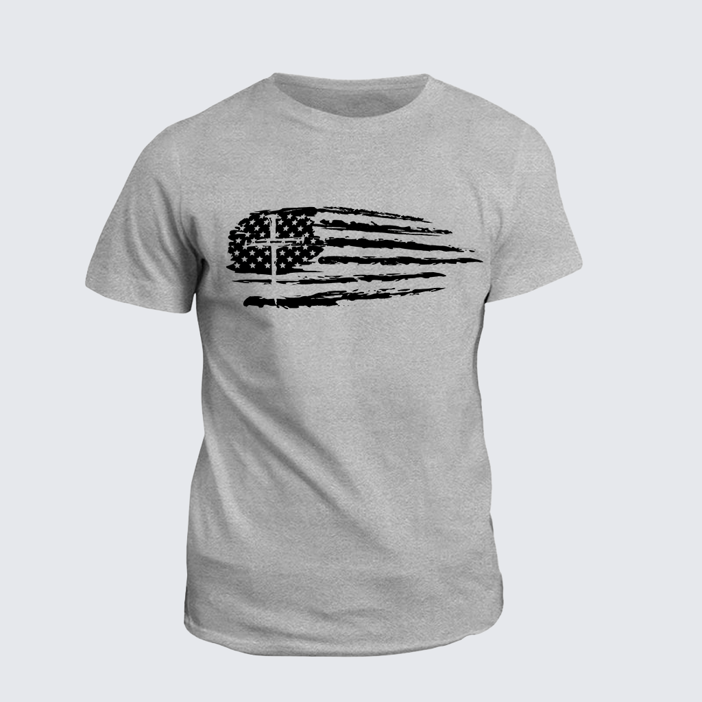 Tattered Flag Cross Jesus God Christian Cotton T-Shirt
