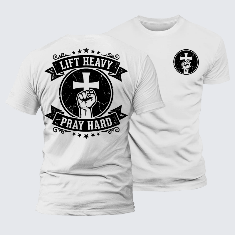Lift Heavy Pray Hard Jesus God Christian Premium Mercerized Cotton Tee
