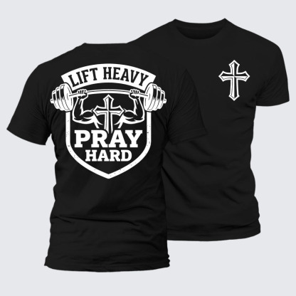 Lift Heavy Pray Hard Jesus God Christian – Premium Mercerized Cotton Tee