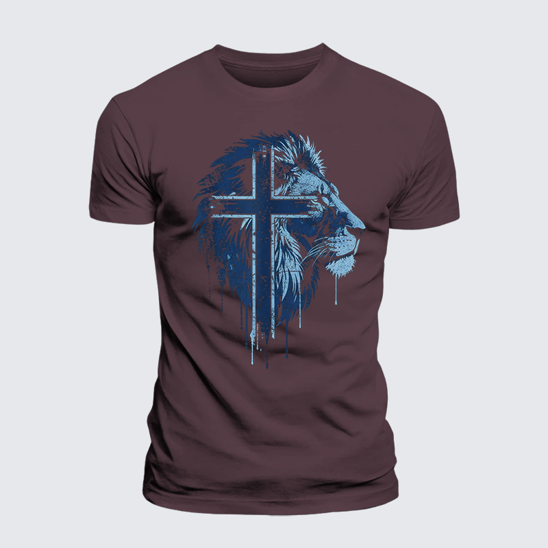 Lion of Faith Cross Jesus God Christian Premium Mercerized Cotton Tee