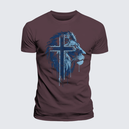 Lion of Faith Cross Jesus God Christian Premium Mercerized Cotton Tee