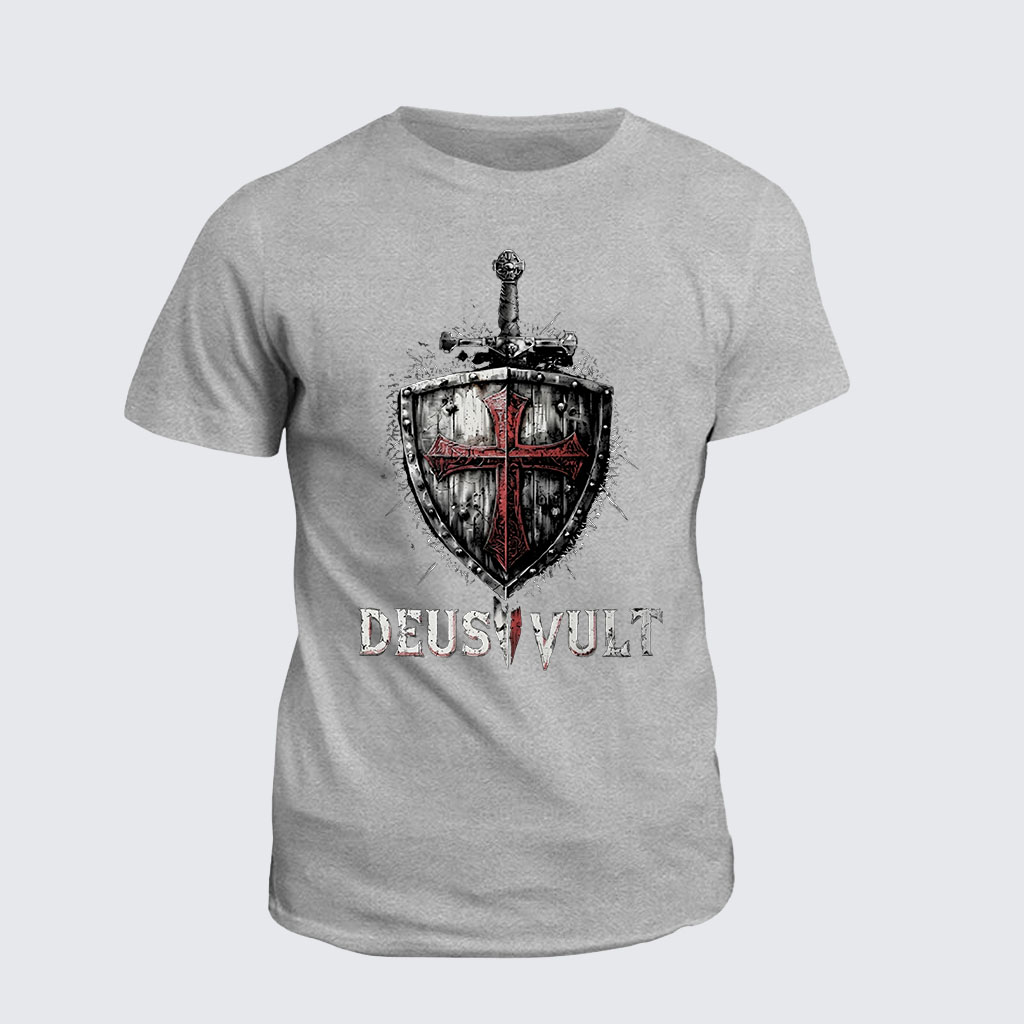 Classic Cotton Tee -  Deus Vult Crusader Shield Templar Cross