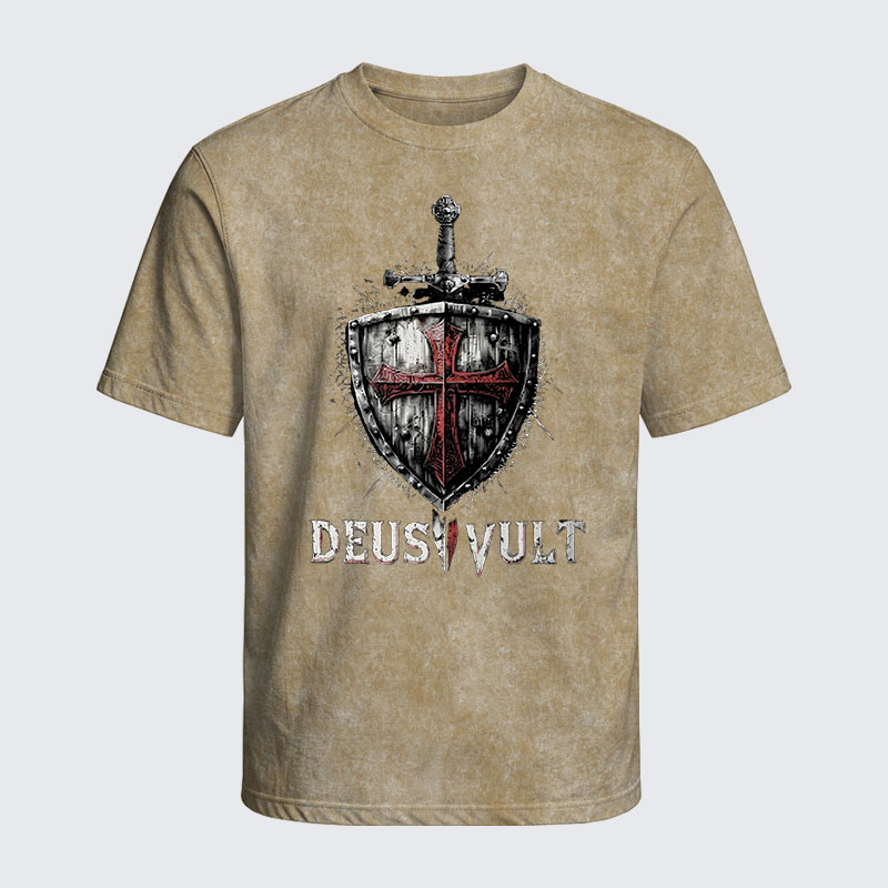 Washed T-Shirt - Deus Vult Crusader Shield Templar Cross