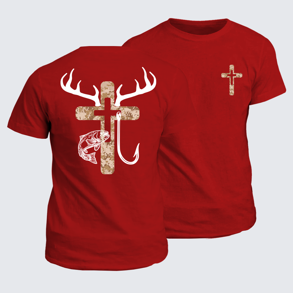 Hunting Fishing Faith Deer Antlers Cross Jesus God Christian Cotton T-Shirt