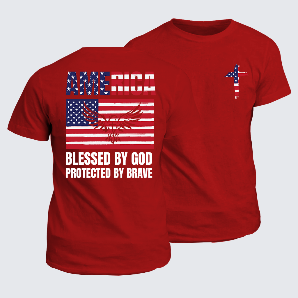 America Blessed By God Protected By Brave Flag Cross Jesus God Christian Cotton T-Shirt