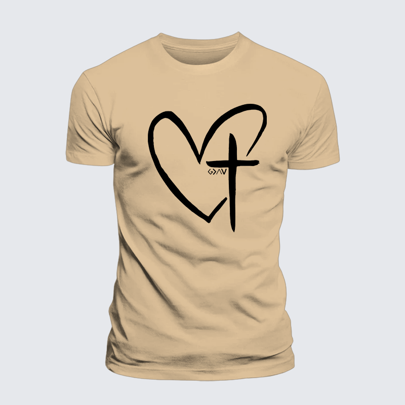 Cross Heart Jesus God Christian Premium Mercerized Cotton Tee