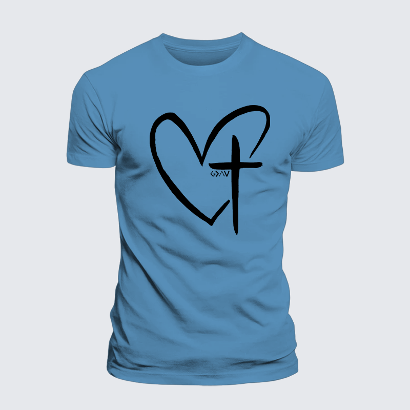 Cross Heart Jesus God Christian Premium Mercerized Cotton Tee