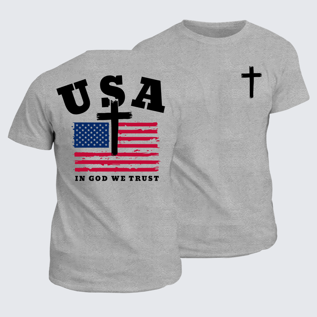 In God We Trust USA Flag Cross Jesus God Christian Cotton T-Shirt