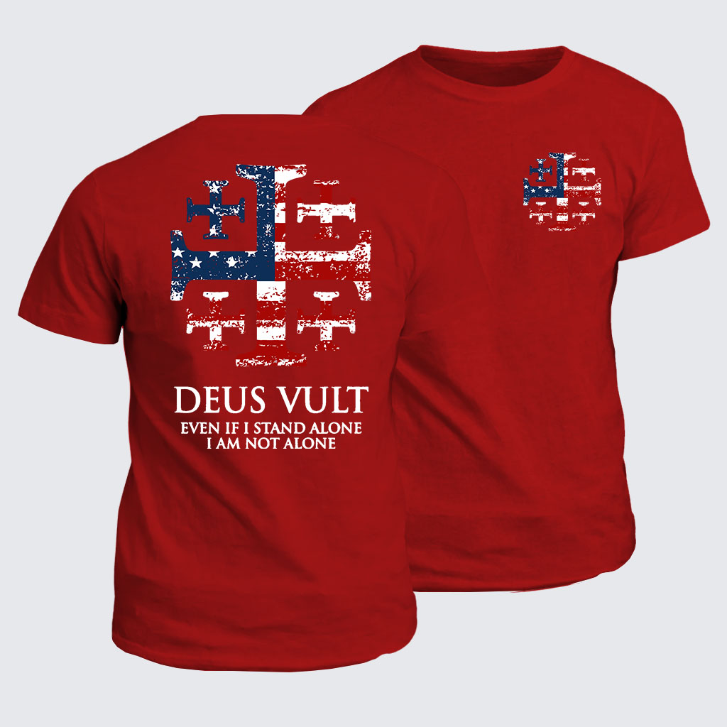 Classic Cotton Tee -  Deus Vult Jerusalem Cross Usa Flag Even If I Stand Alone, I Am Not Alone