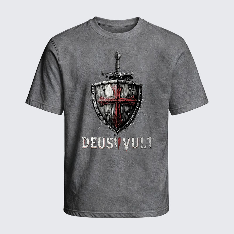 Washed T-Shirt - Deus Vult Crusader Shield Templar Cross