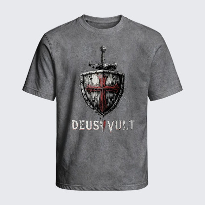 Washed T-Shirt - Deus Vult Crusader Shield Templar Cross