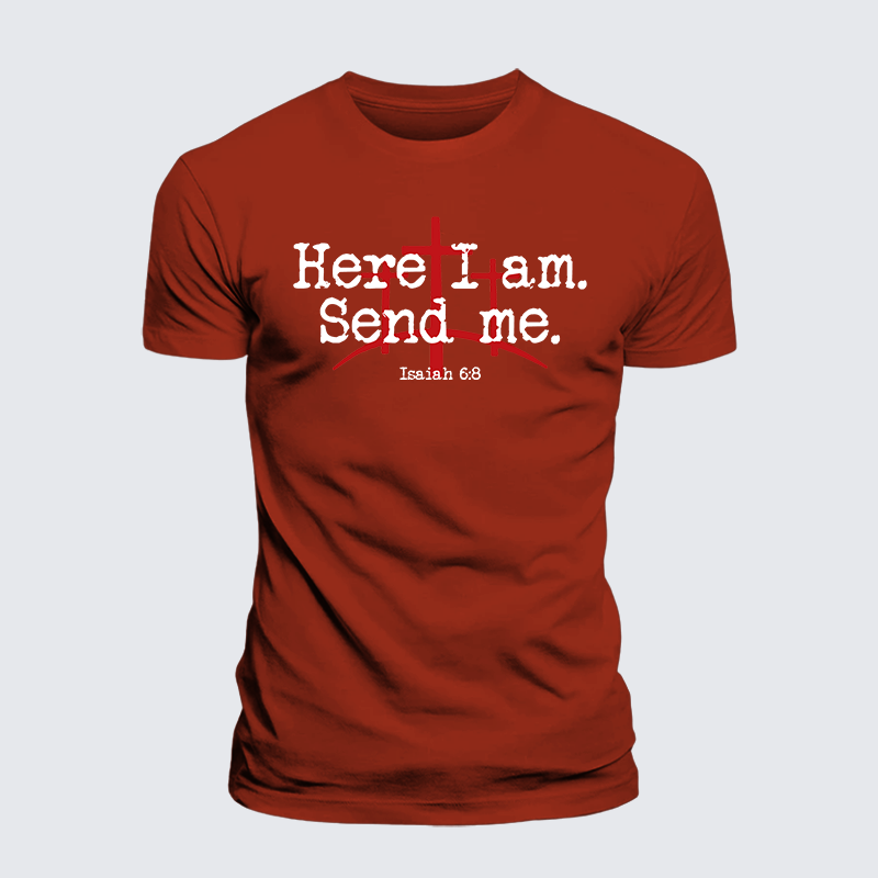 Here I Am Send Me - Bible Verse Isaiah 6:8 Jesus God Christian Premium Mercerized Cotton Tee