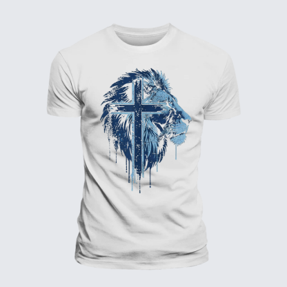 Lion of Faith Cross Jesus God Christian Premium Mercerized Cotton Tee