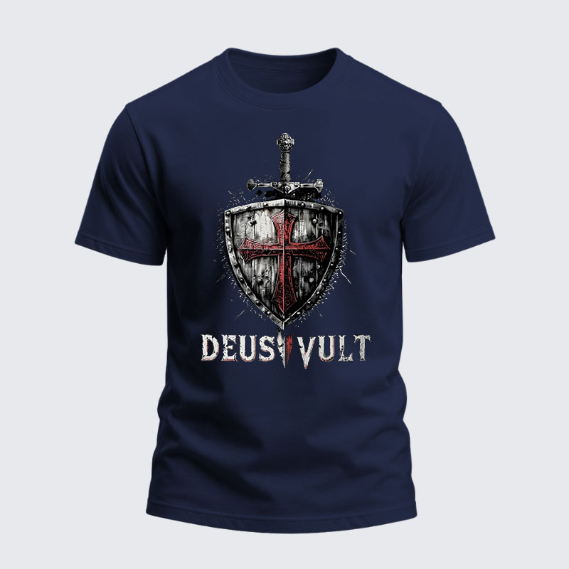 Heavyweight Cotton Tee - Deus Vult Crusader Shield Templar Cross
