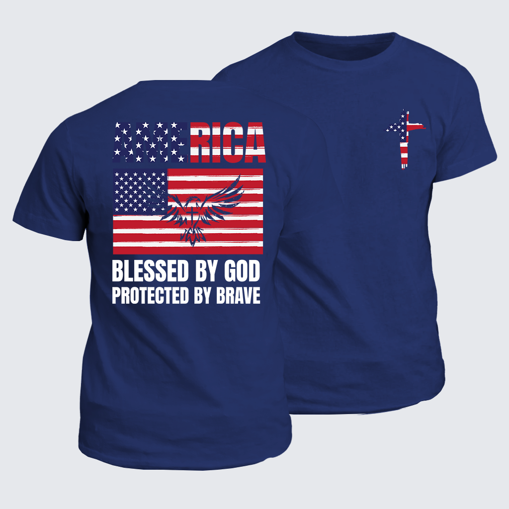 America Blessed By God Protected By Brave Flag Cross Jesus God Christian Cotton T-Shirt