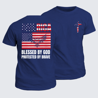America Blessed By God Protected By Brave Flag Cross Jesus God Christian Cotton T-Shirt