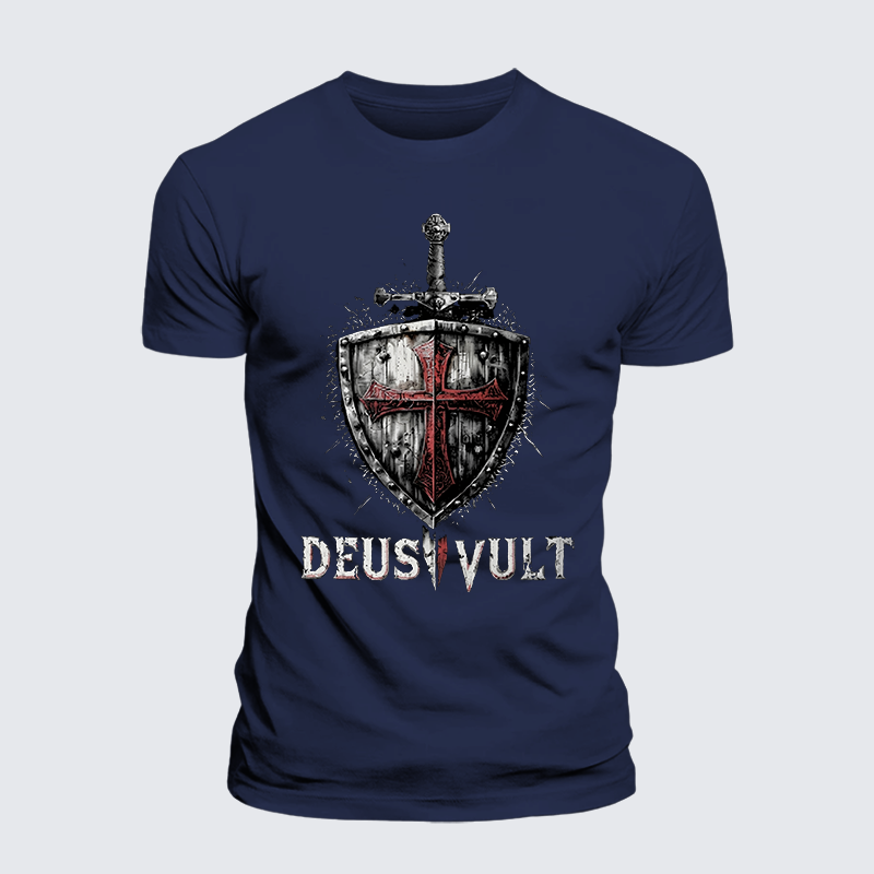 Deus Vult Crusader Shield Templar Cross Jesus God Christian Premium Mercerized Cotton Tee