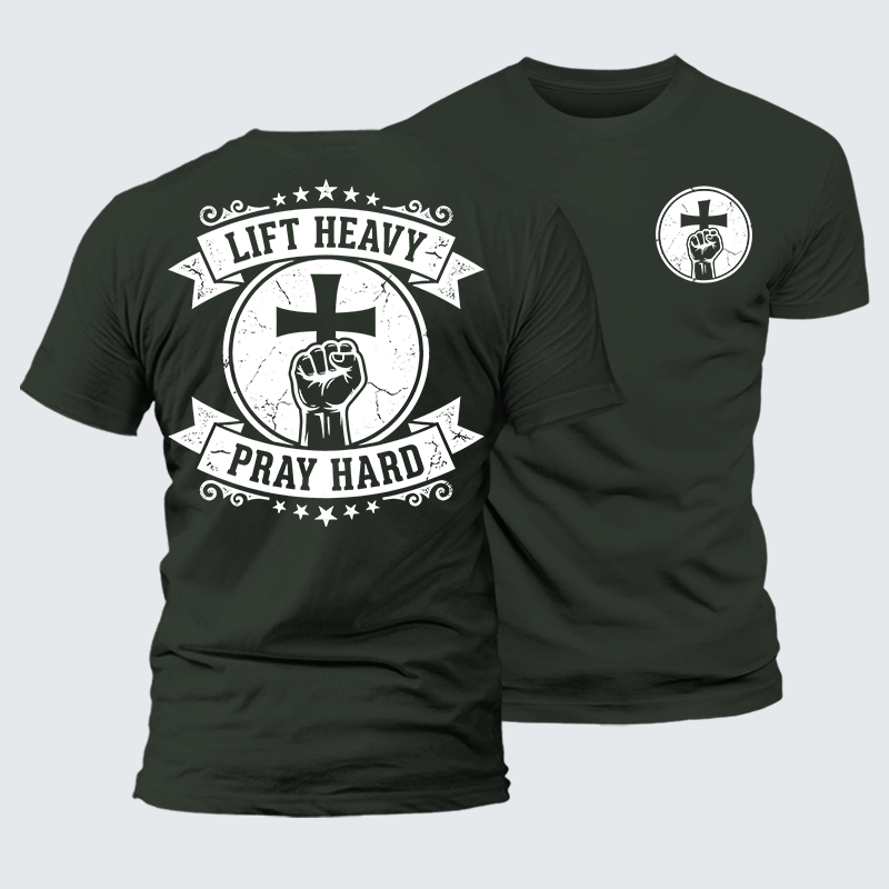 Lift Heavy Pray Hard Jesus God Christian Premium Mercerized Cotton Tee