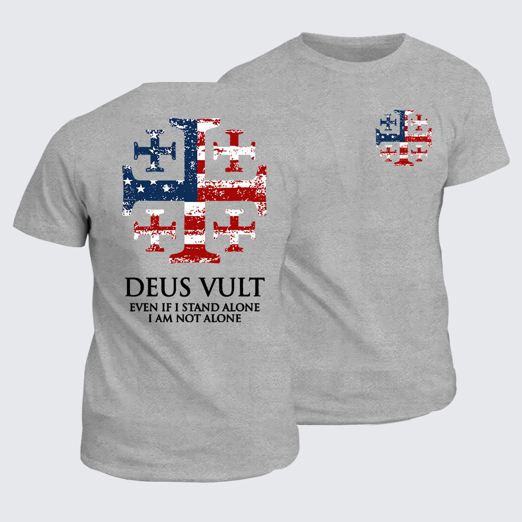 Classic Cotton Tee -  Deus Vult Jerusalem Cross Usa Flag Even If I Stand Alone, I Am Not Alone