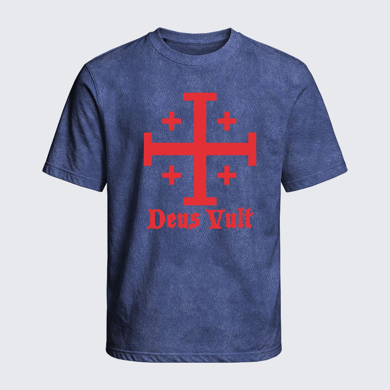 Washed T-Shirt - Jerusalem Cross Deus Vult