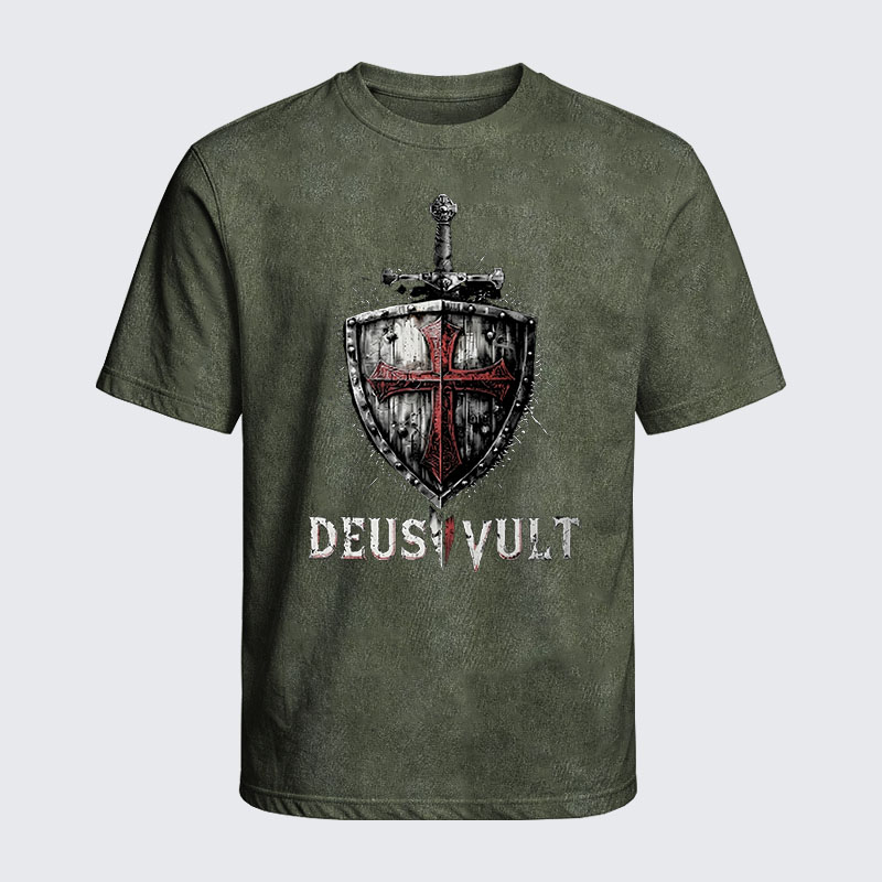 Washed T-Shirt - Deus Vult Crusader Shield Templar Cross