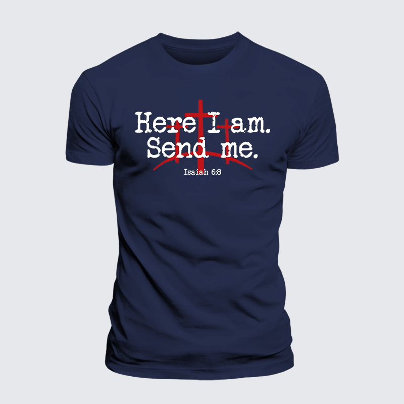 Here I Am Send Me - Bible Verse Isaiah 6:8 Jesus God Christian Premium Mercerized Cotton Tee