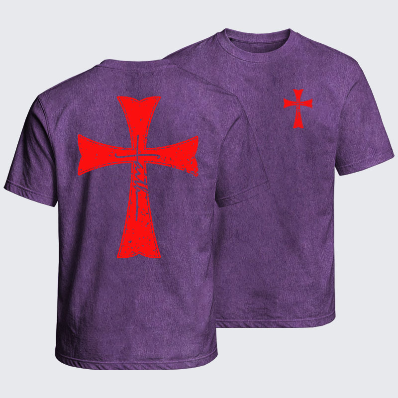 Washed T-Shirt - Deus Vult Crusader Shield Templar Cross