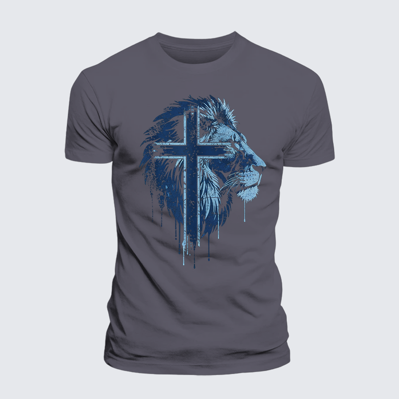 Lion of Faith Cross Jesus God Christian Premium Mercerized Cotton Tee