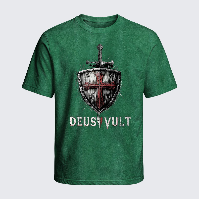Washed T-Shirt - Deus Vult Crusader Shield Templar Cross