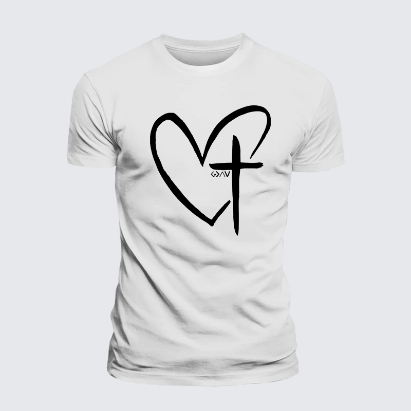 Cross Heart Jesus God Christian Premium Mercerized Cotton Tee