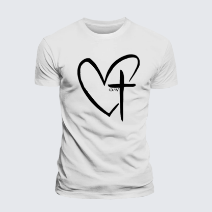 Cross Heart Jesus God Christian Premium Mercerized Cotton Tee
