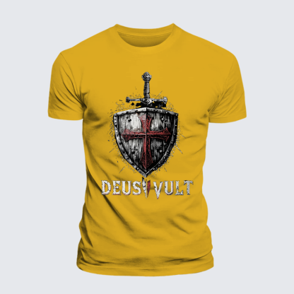 Deus Vult Crusader Shield Templar Cross Jesus God Christian Premium Mercerized Cotton Tee