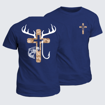 Hunting Fishing Faith Deer Antlers Cross Jesus God Christian Cotton T-Shirt