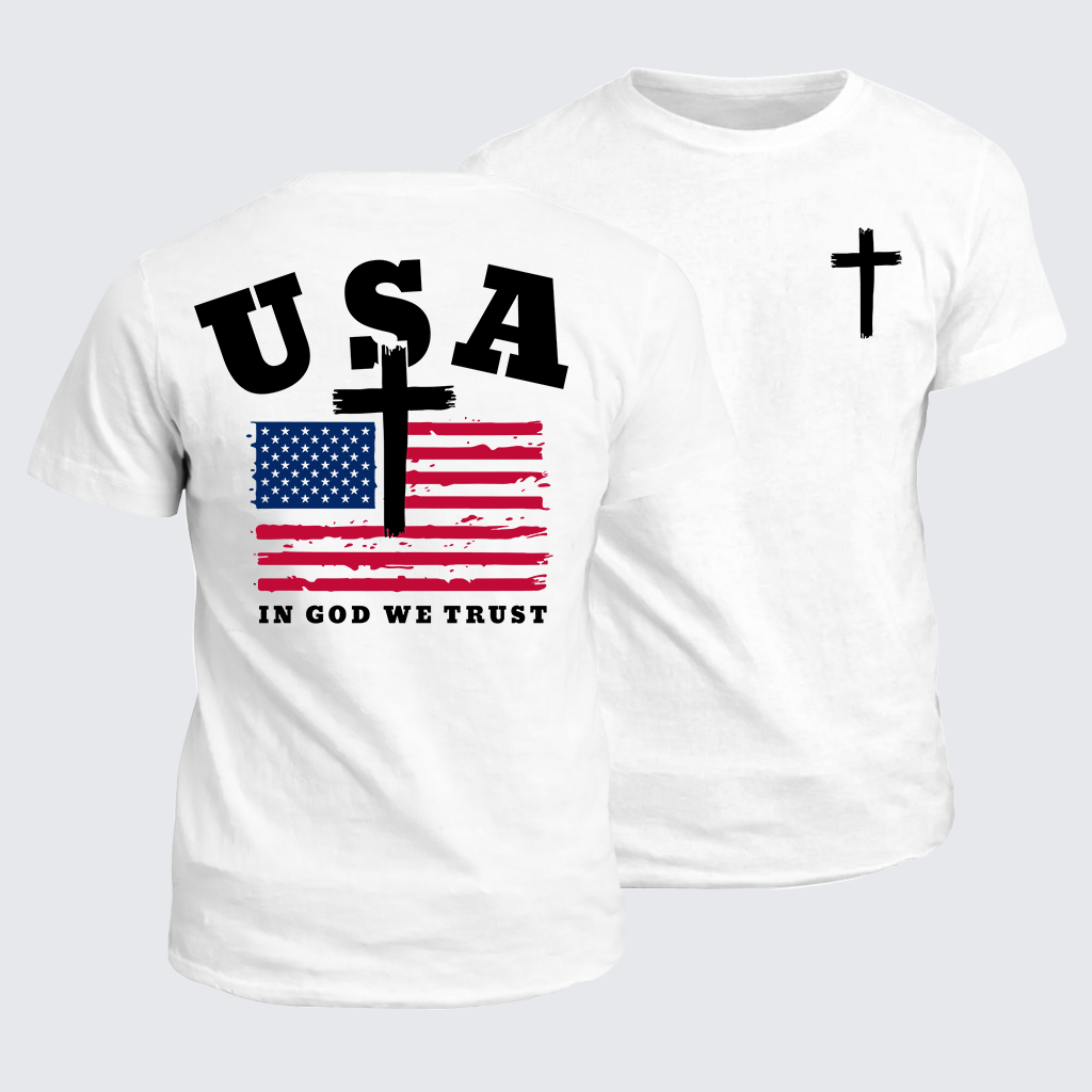In God We Trust USA Flag Cross Jesus God Christian Cotton T-Shirt