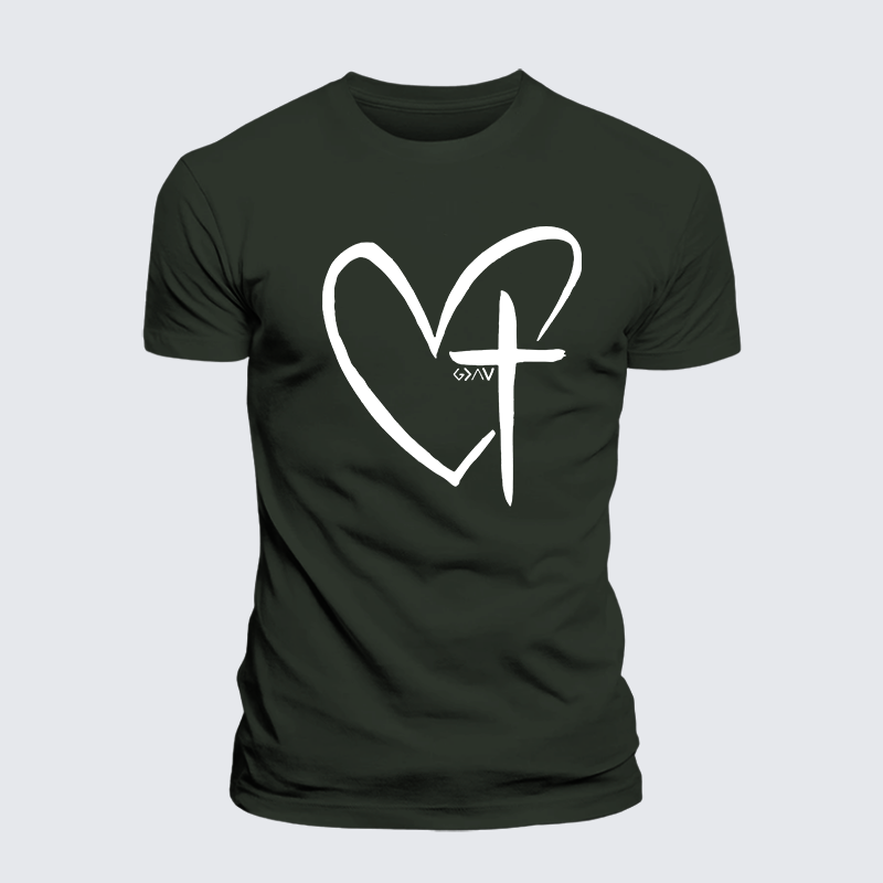 Cross Heart Jesus God Christian Premium Mercerized Cotton Tee