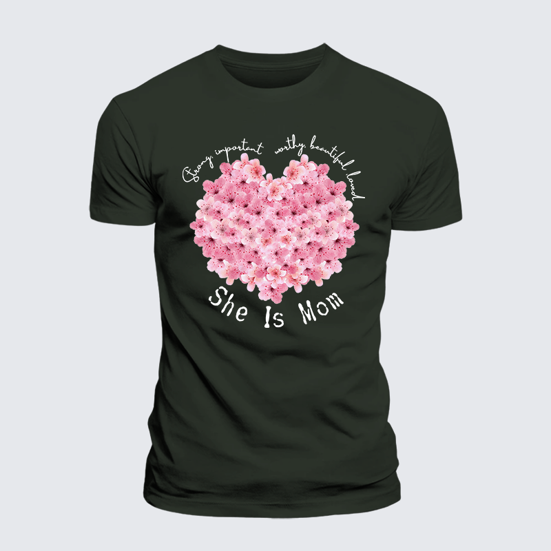 She Is Mom Strong Important Worthy Beautiful Loved Jesus God Christian Premium Mercerized Cotton Tee