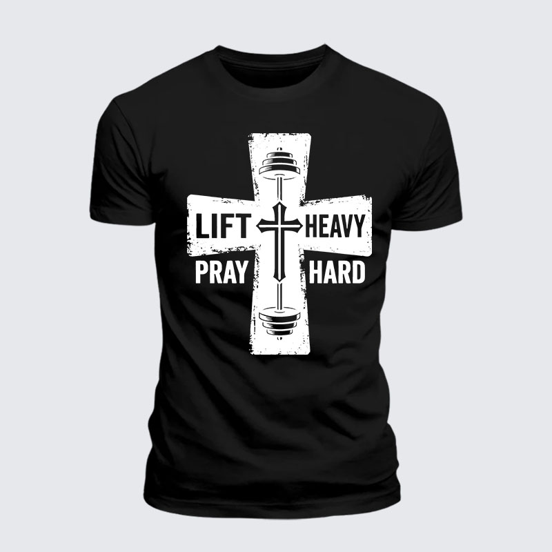 Lift Heavy Pray Hard Jesus God Christian Premium Mercerized Cotton Tee