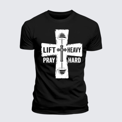Lift Heavy Pray Hard Jesus God Christian Premium Mercerized Cotton Tee