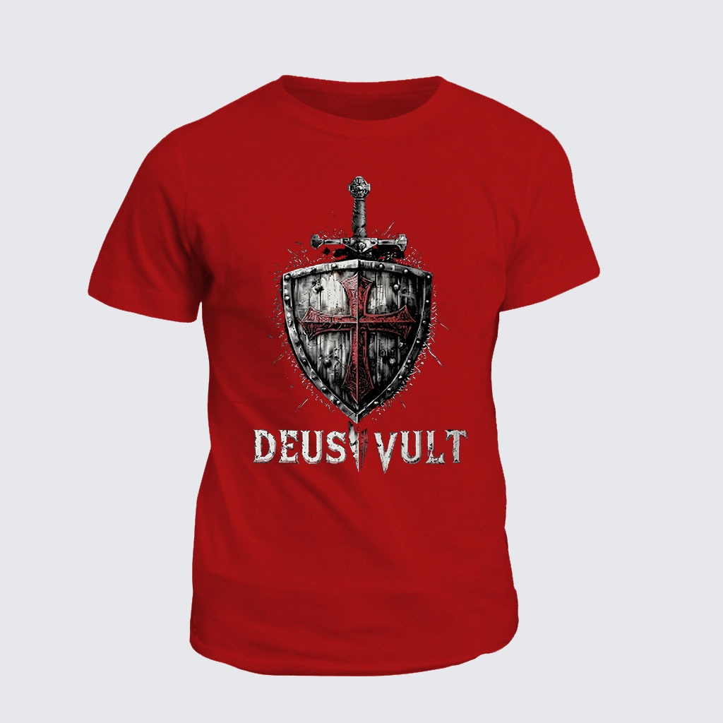 Classic Cotton Tee -  Deus Vult Crusader Shield Templar Cross