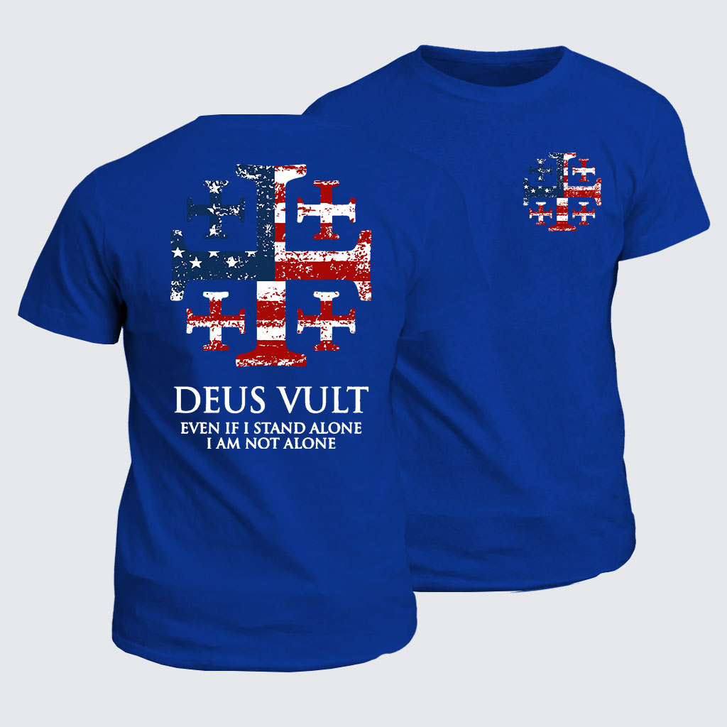Classic Cotton Tee -  Deus Vult Jerusalem Cross Usa Flag Even If I Stand Alone, I Am Not Alone