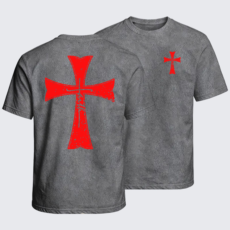 Washed T-Shirt - Deus Vult Crusader Shield Templar Cross