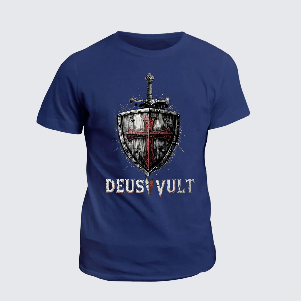 Classic Cotton Tee -  Deus Vult Crusader Shield Templar Cross