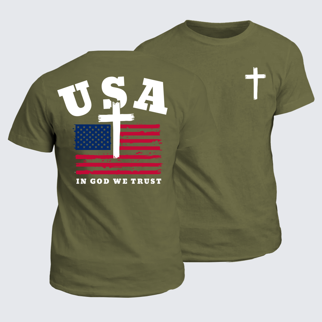 In God We Trust USA Flag Cross Jesus God Christian Cotton T-Shirt