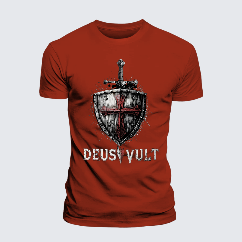Deus Vult Crusader Shield Templar Cross Jesus God Christian Premium Mercerized Cotton Tee