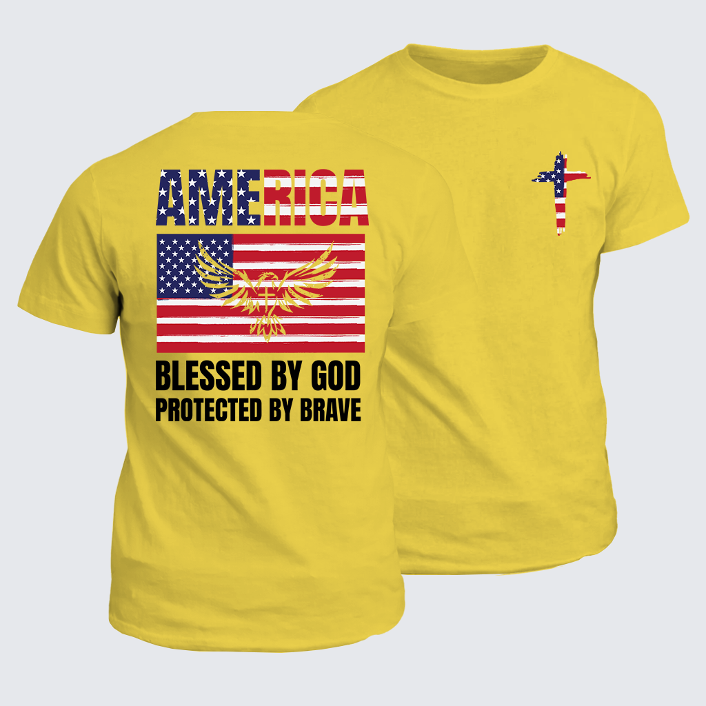 America Blessed By God Protected By Brave Flag Cross Jesus God Christian Cotton T-Shirt