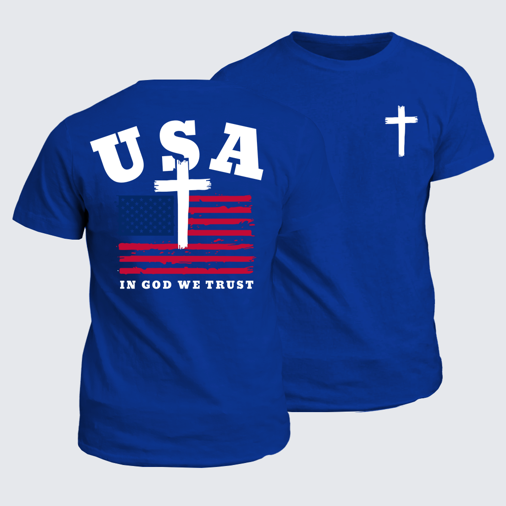 In God We Trust USA Flag Cross Jesus God Christian Cotton T-Shirt