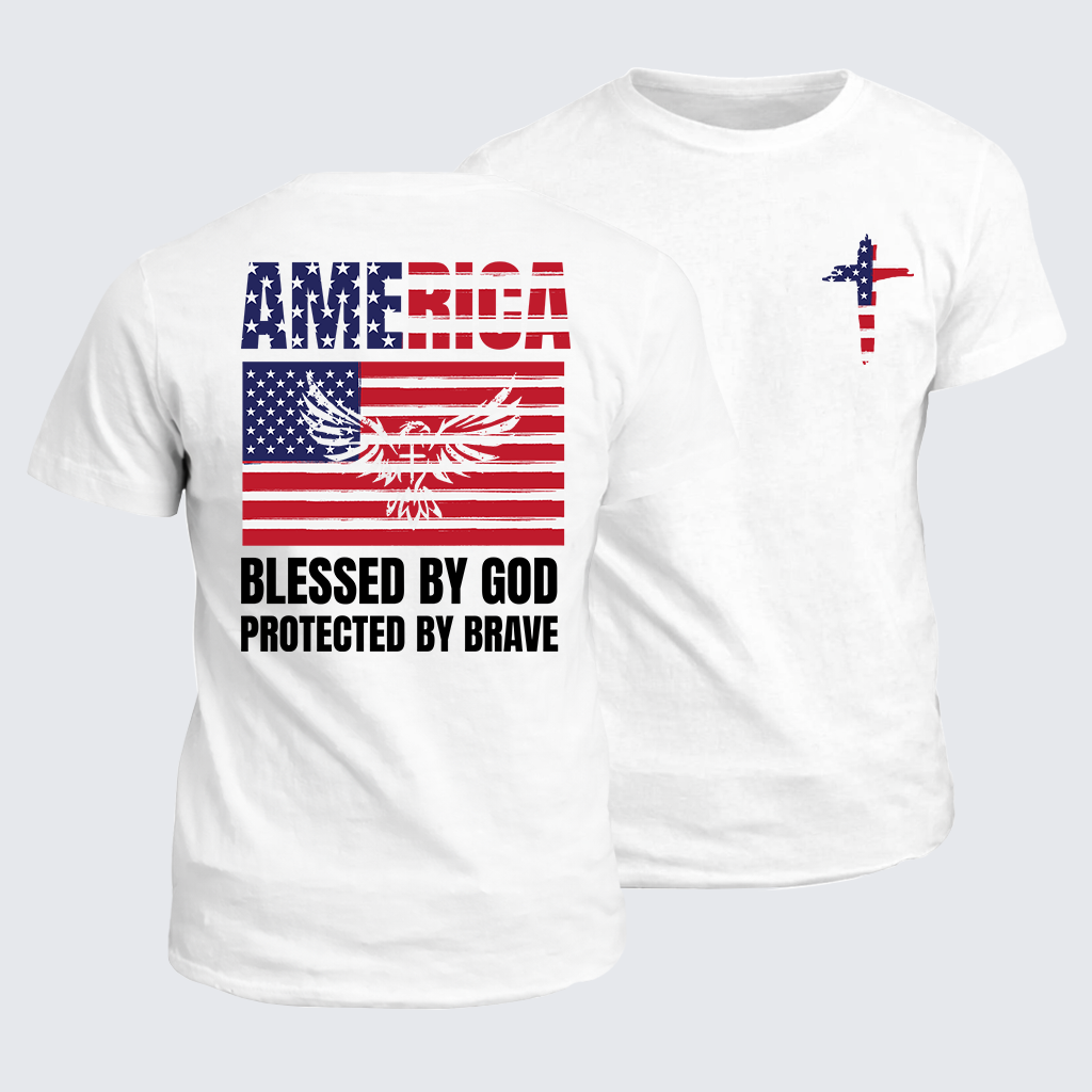 America Blessed By God Protected By Brave Flag Cross Jesus God Christian Cotton T-Shirt