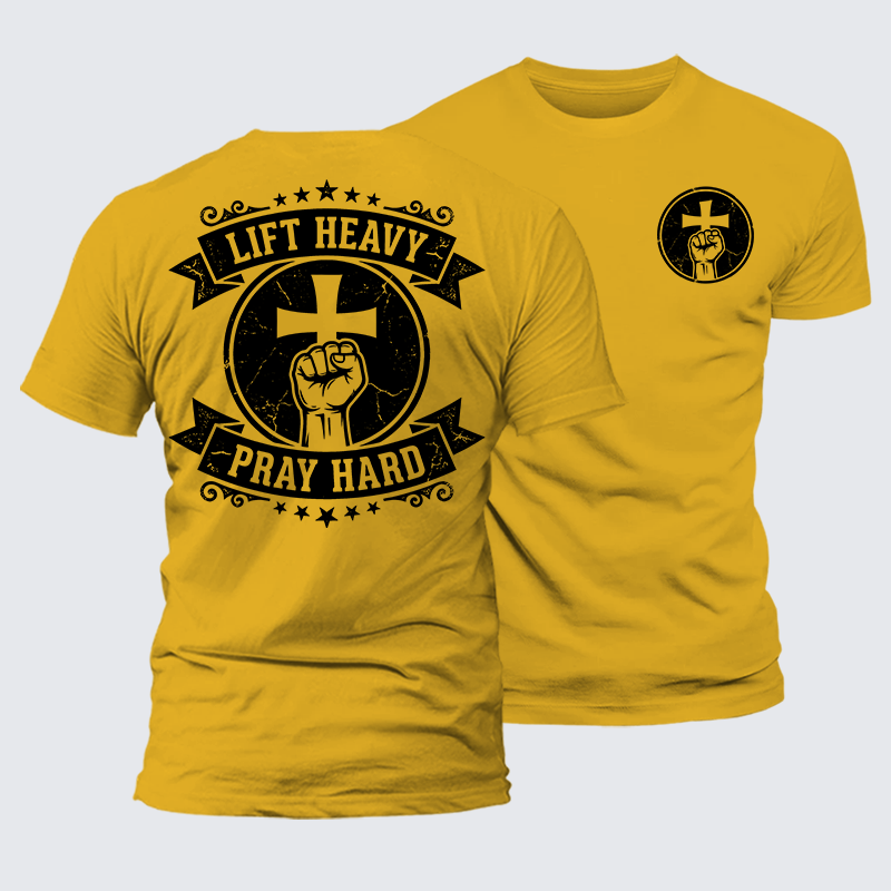 Lift Heavy Pray Hard Jesus God Christian Premium Mercerized Cotton Tee