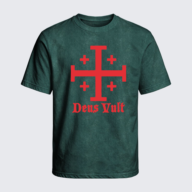 Washed T-Shirt - Jerusalem Cross Deus Vult