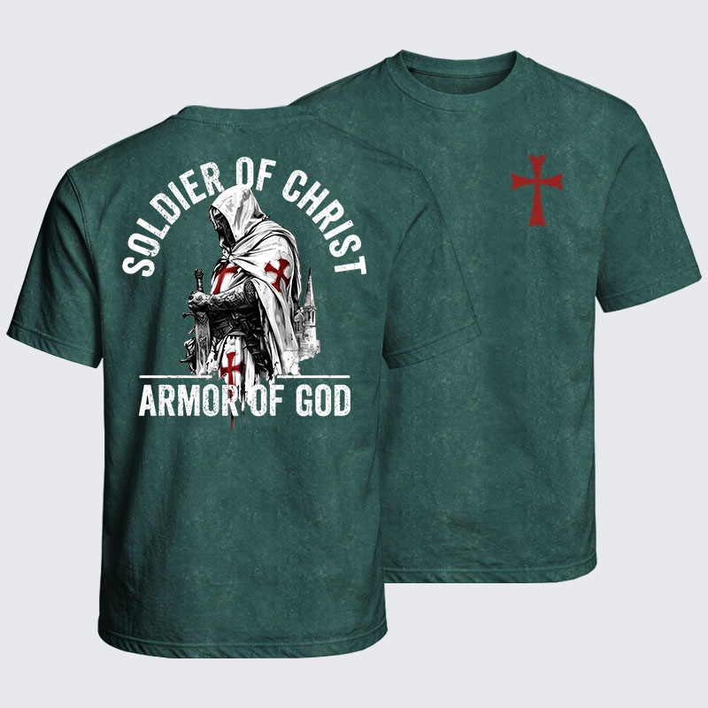 Washed T-Shirt - Soldier of Christ Armor Of God Crusader Spirit